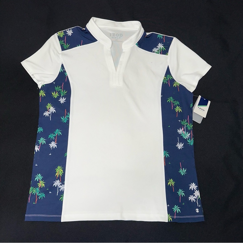 IZOD Golf shirt‎ White and Blue Palm Tree Polo top ladies large NWT